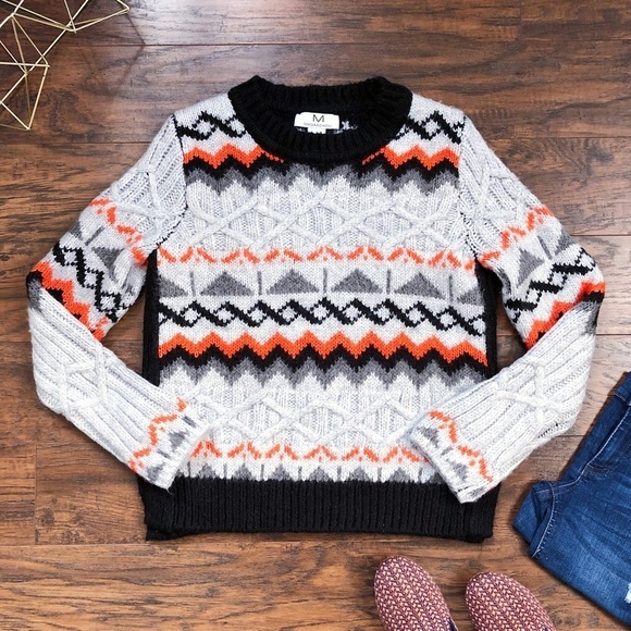 Magaschoni • chunky sweater fair isle Scandi cable knit orange grey black ski - Picture 2 of 10